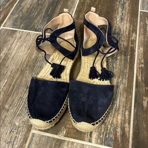 Boden blue suede espadrilles with tassel ties at ankle